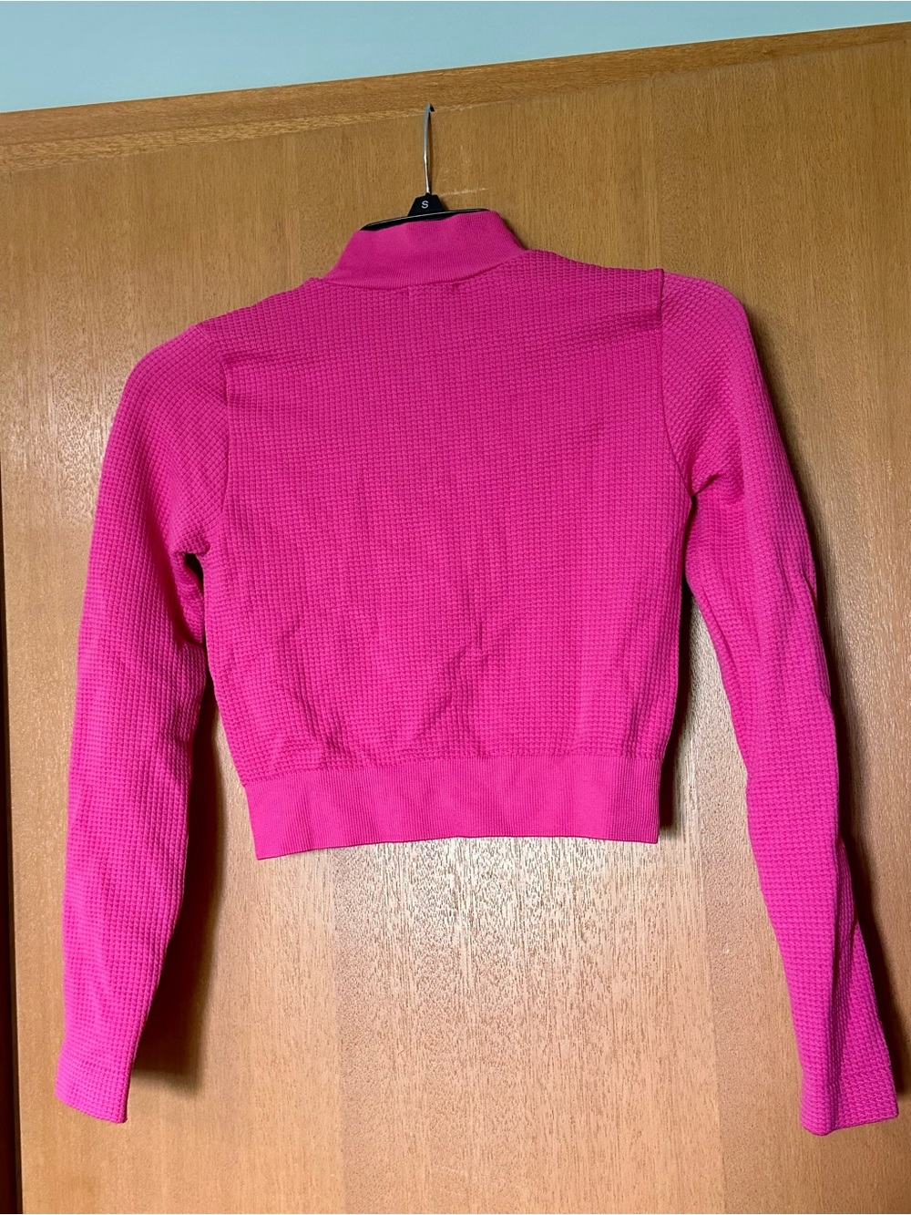 Women’s Half-Zip Stretchy Waffle Knit Cropped Athletic Sweater - Hot Pink - Picture 2 of 5